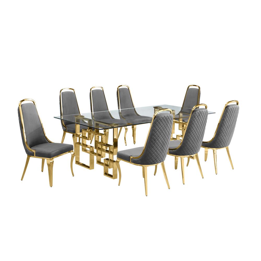 9-piece glam dining set with 8 Dark grey chairs and one 95"  glass dining table. Picture 1