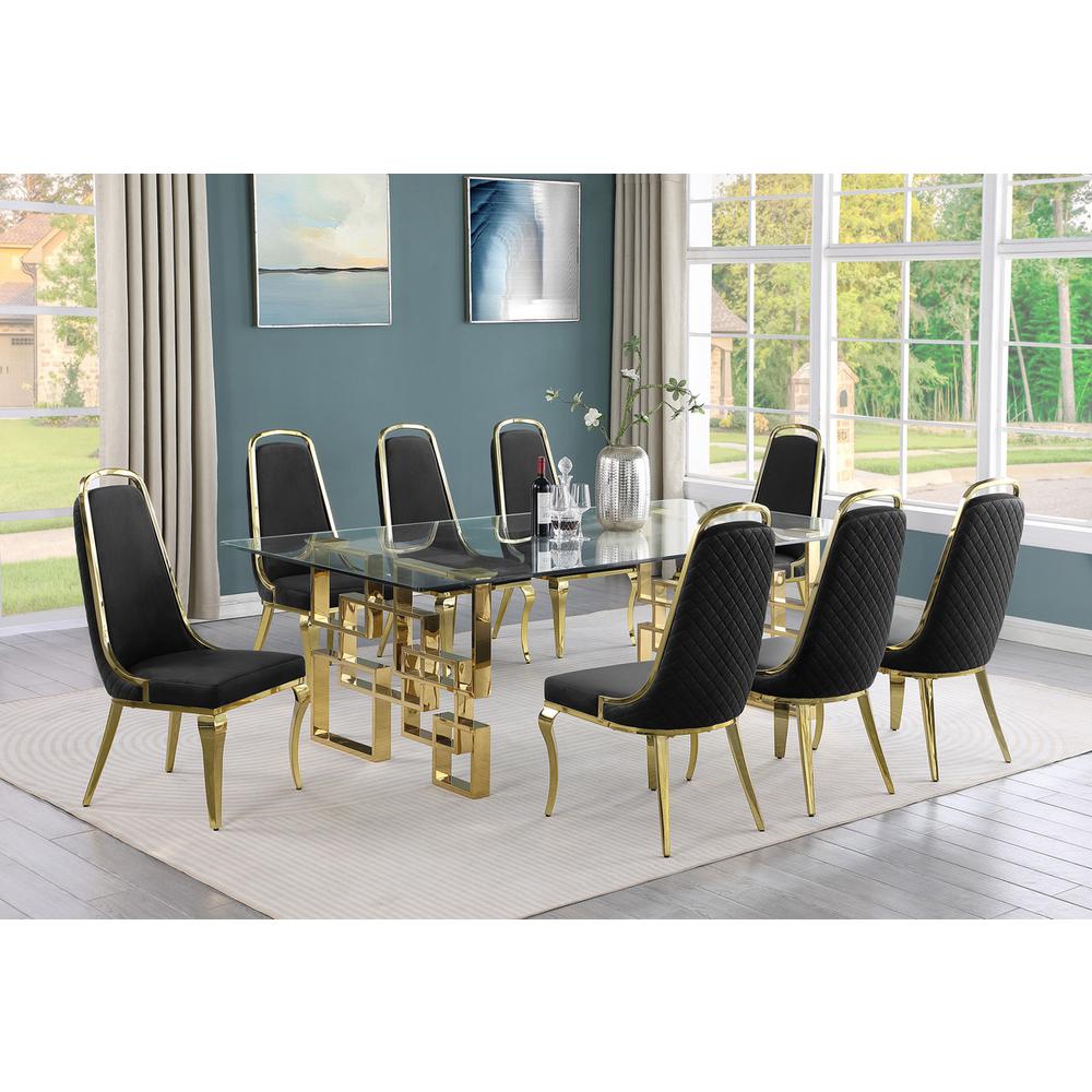 9-piece glam dining set with 8 Black side chairs and one 95" glass dinging table. Picture 4