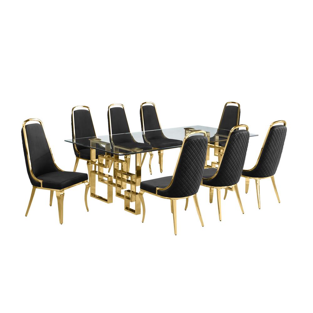 9-piece glam dining set with 8 Black side chairs and one 95" glass dinging table. Picture 1
