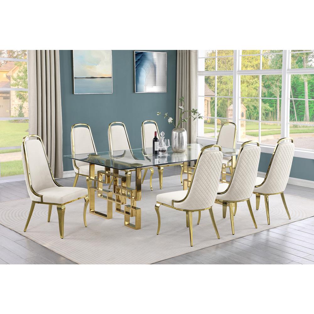 9-piece glam dining set with 8 Cream side chairs and one 95" glass dining table. Picture 4