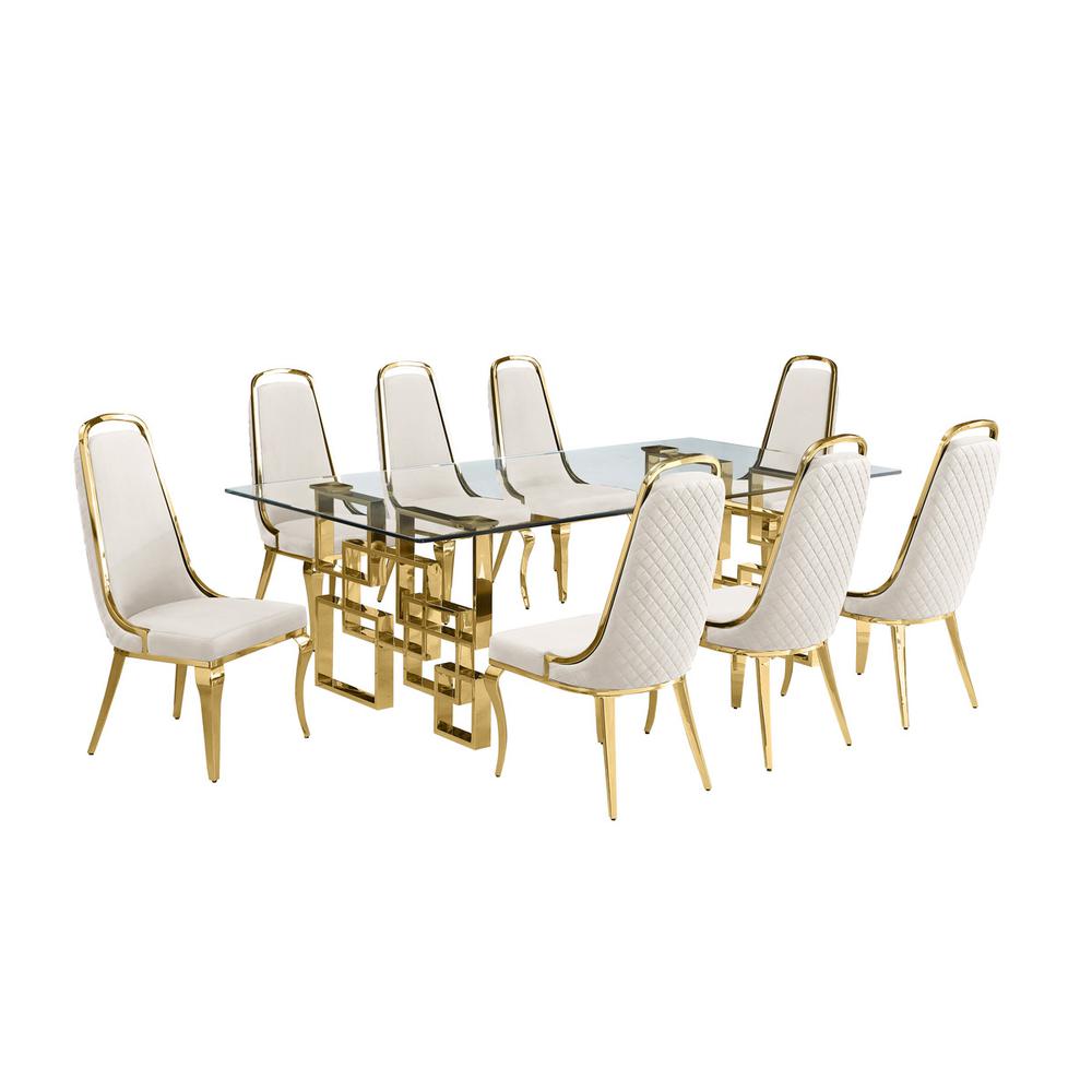 9-piece glam dining set with 8 Cream side chairs and one 95" glass dining table. Picture 1
