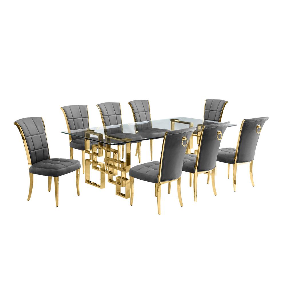 9-piece glam dining set with 8 dark grey chairs and a 95" long glass  table. Picture 1