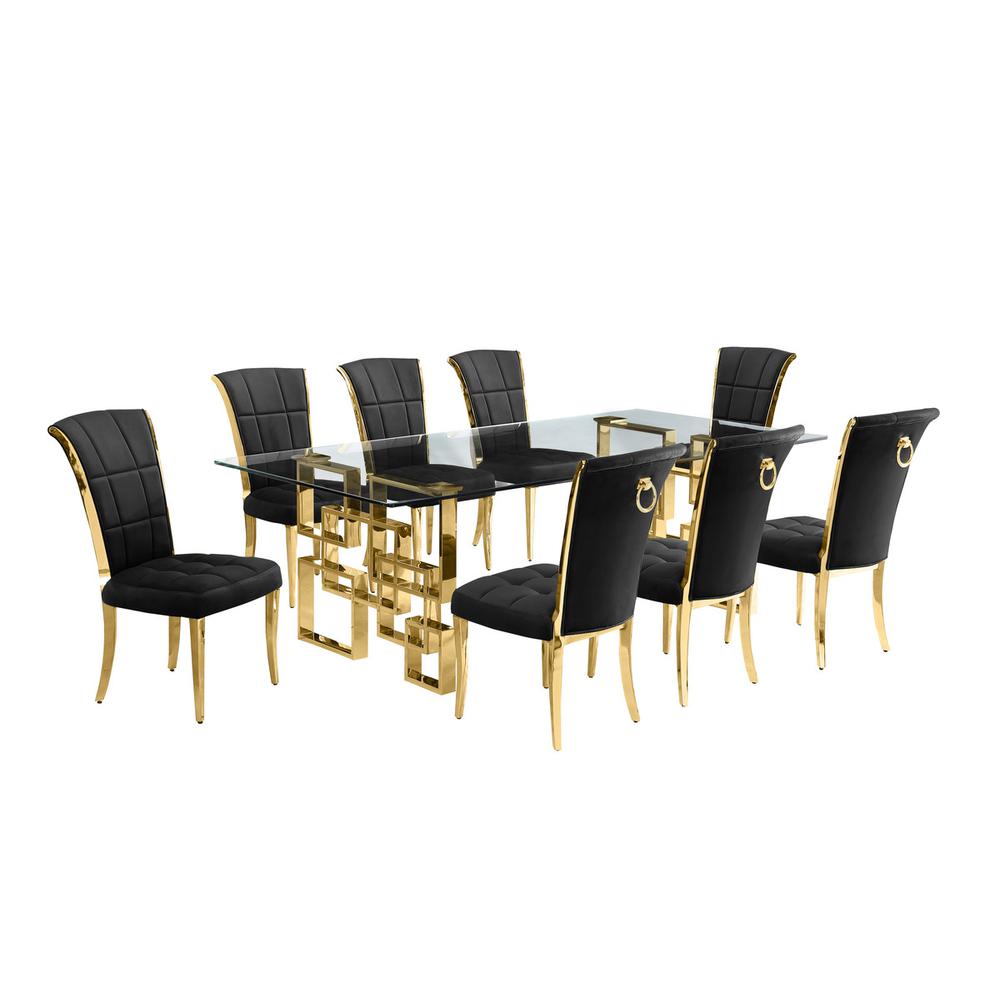 9-piece glam dining set with 8 black chairs and a 95" long glass  table. Picture 1