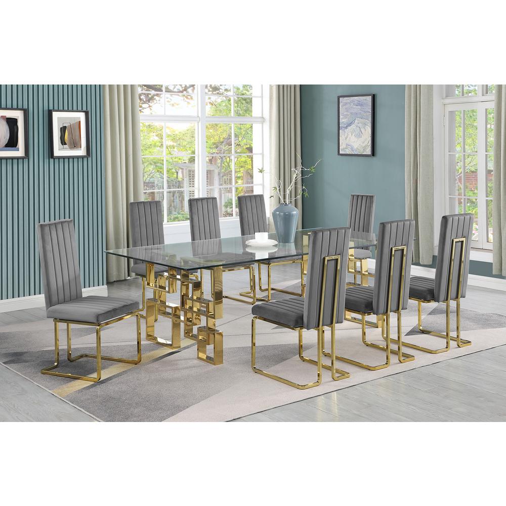 9-piece glam dining set with 8 Dark grey chairs and one 95" glass  table. Picture 4