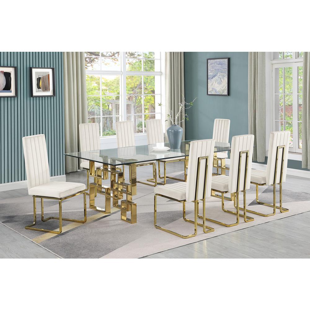 9-piece glam dining set with 8 Cream chairs and one 95" glass  table. Picture 4