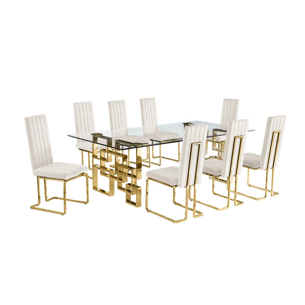 9-piece glam dining set with 8 Cream chairs and one 95" glass  table. Picture 1