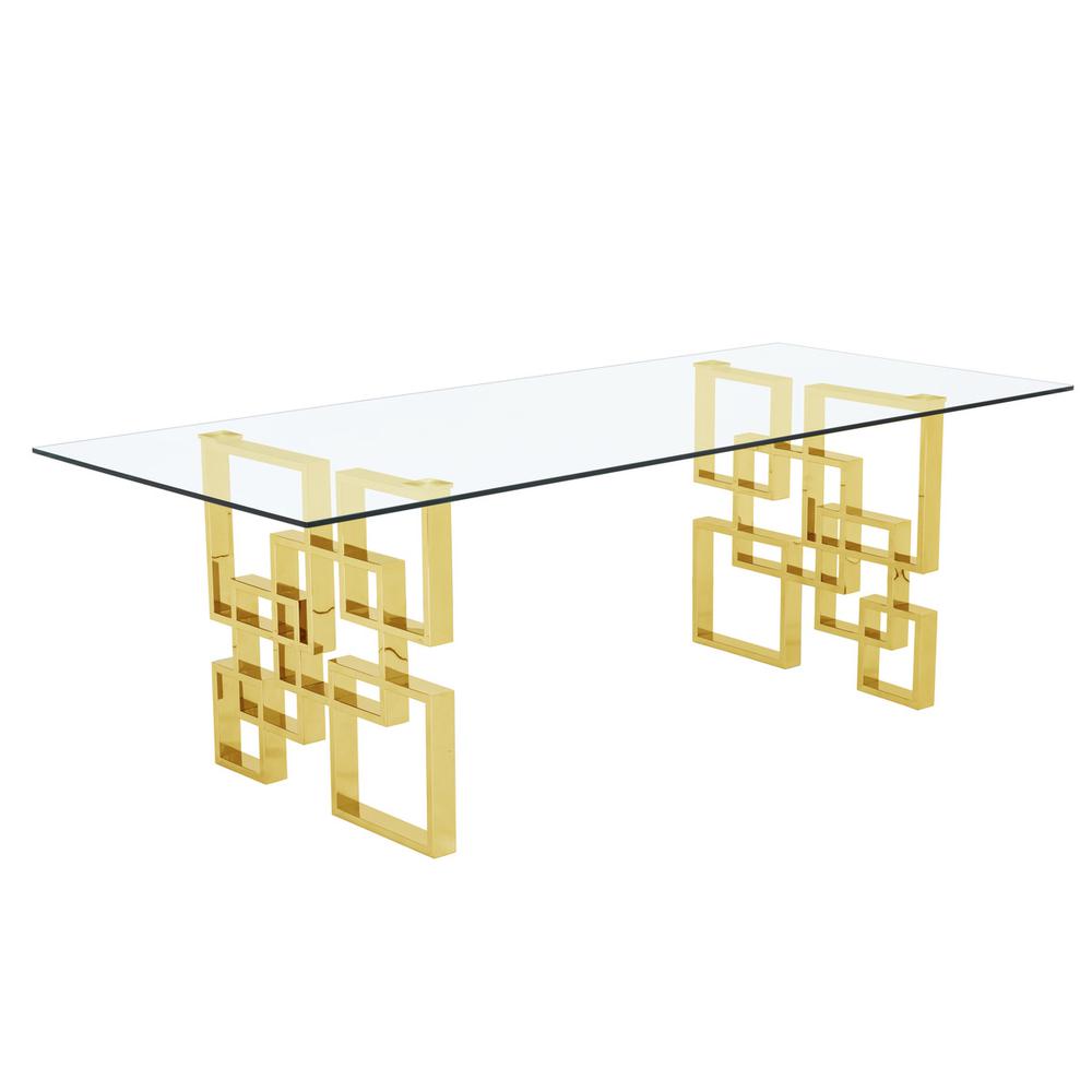 94" large clear glass dining table w/ gold color stainless steel base. Picture 1