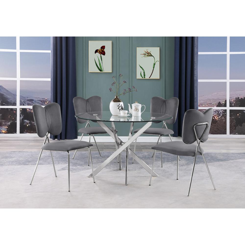 5pc dining Set Round tempered glass dining table with 4 Dark grey velvet chairs. Picture 2