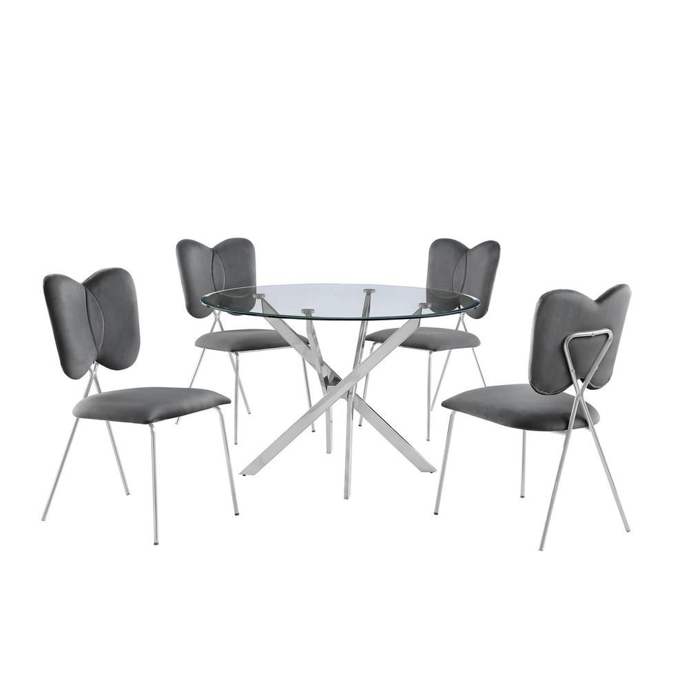 5pc dining Set Round tempered glass dining table with 4 Dark grey velvet chairs. Picture 1