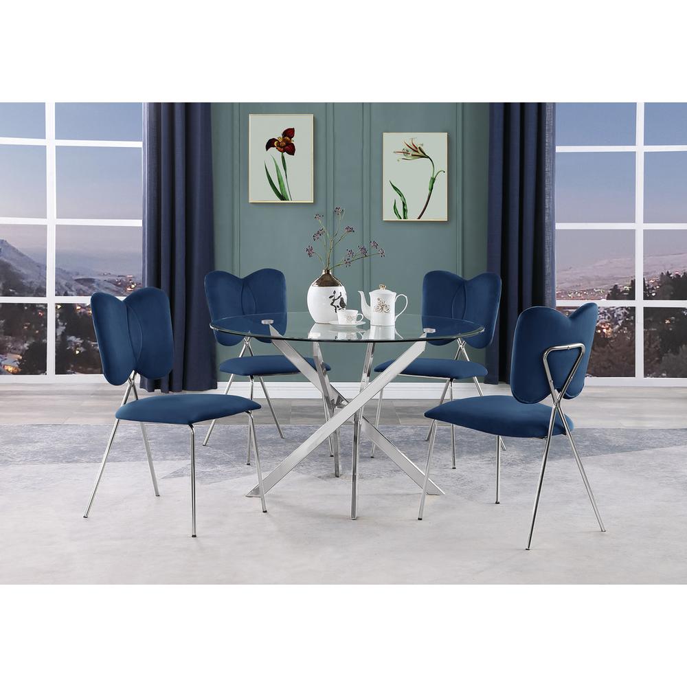 5pc dining Set Round tempered glass dining table with 4 Navy Blue velvet chairs. Picture 2