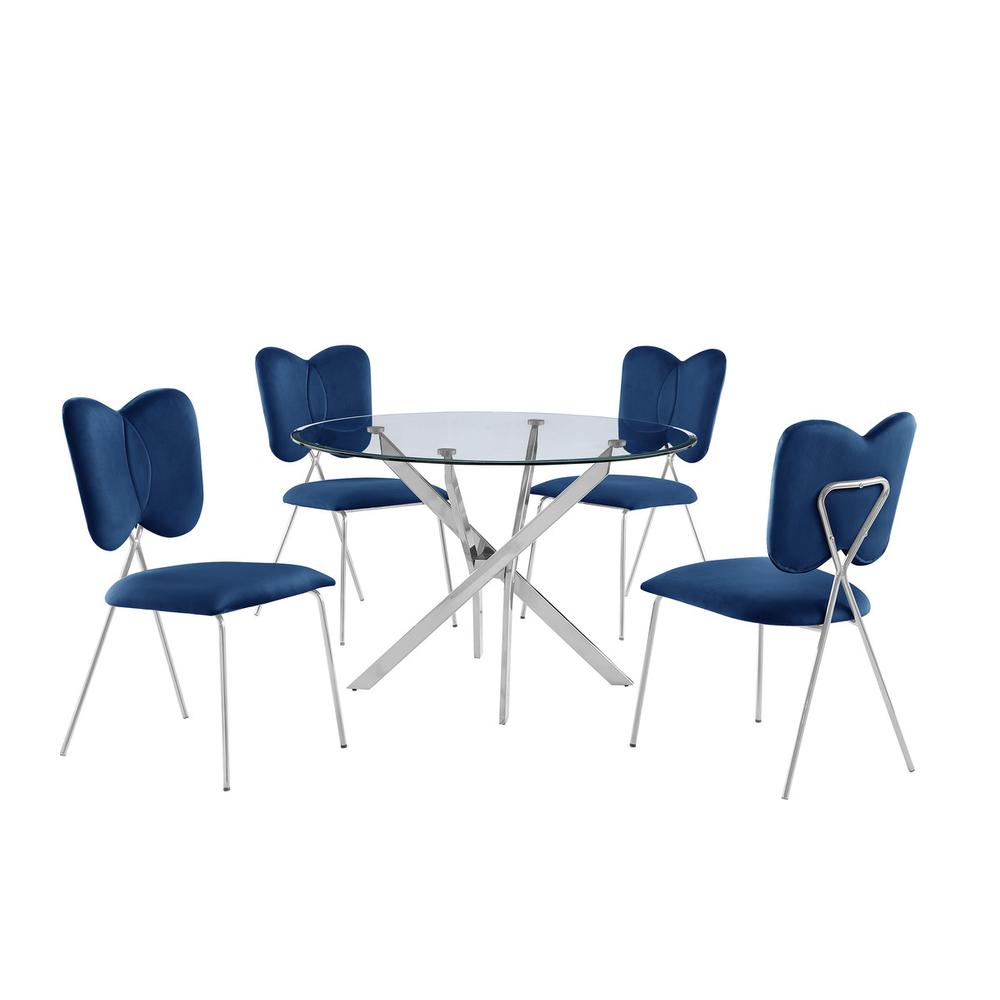 5pc dining Set Round tempered glass dining table with 4 Navy Blue velvet chairs. Picture 1