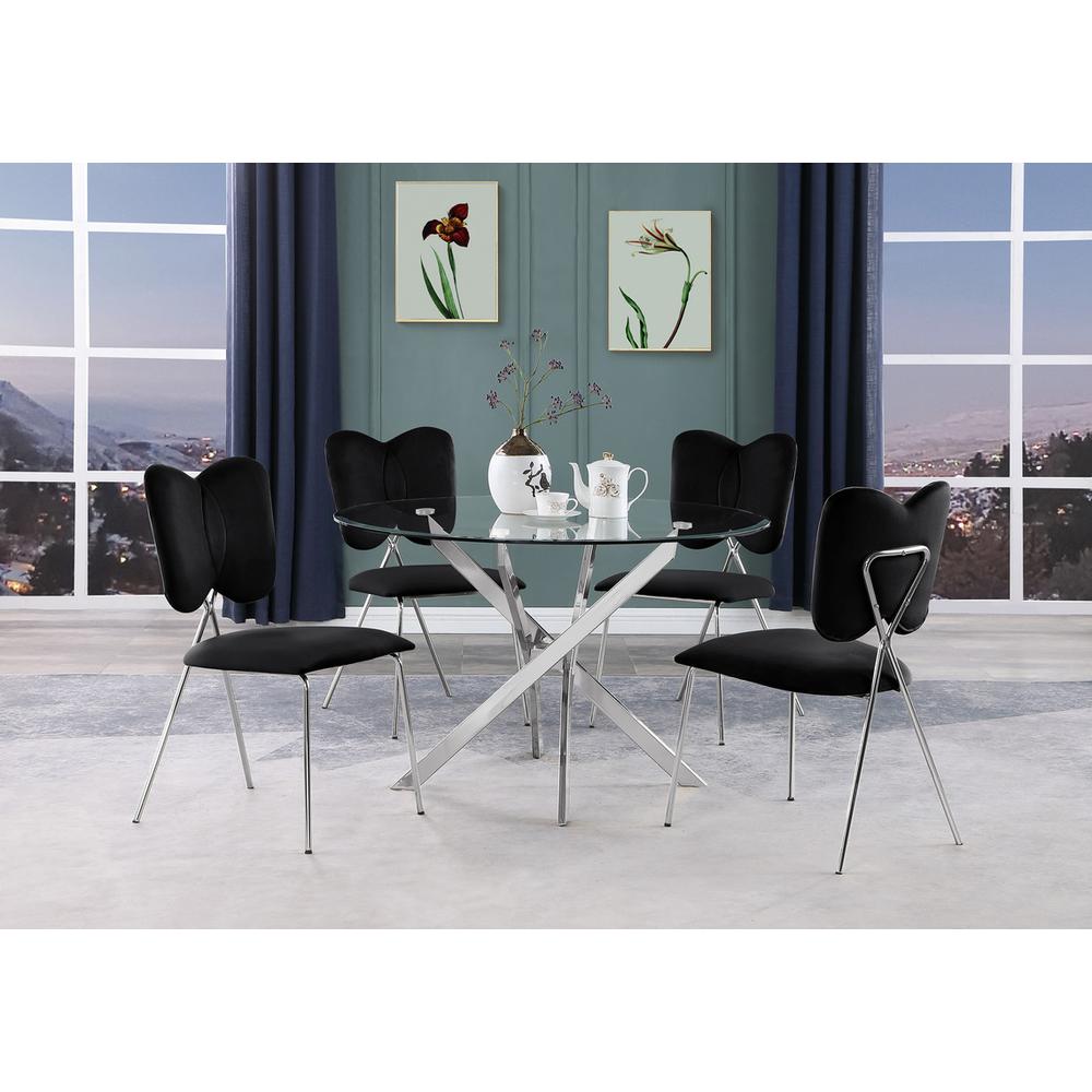 5pc dining Set Round tempered glass dining table with 4 Black velvet chairs. Picture 2