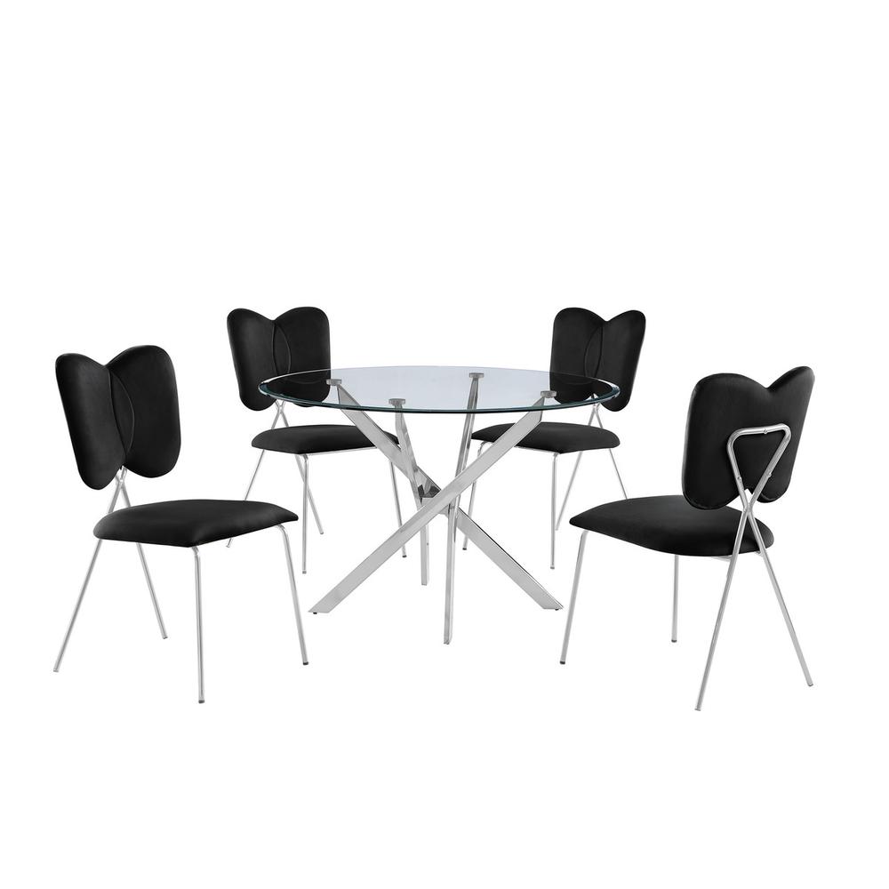 5pc dining Set Round tempered glass dining table with 4 Black velvet chairs. Picture 1