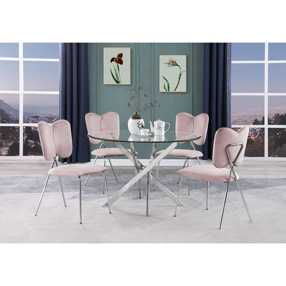 5pc dining Set Round tempered glass dining table with 4 Pink velvet chairs. Picture 2
