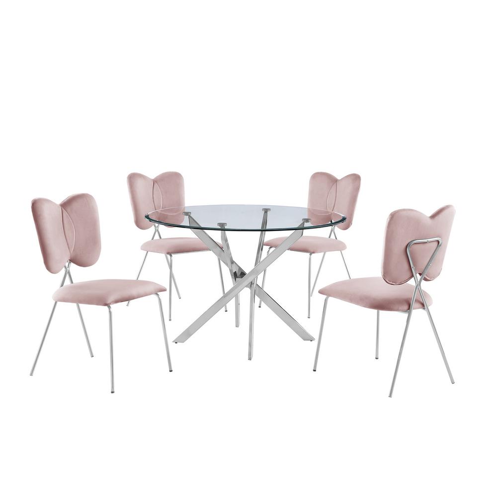 5pc dining Set Round tempered glass dining table with 4 Pink velvet chairs. Picture 1