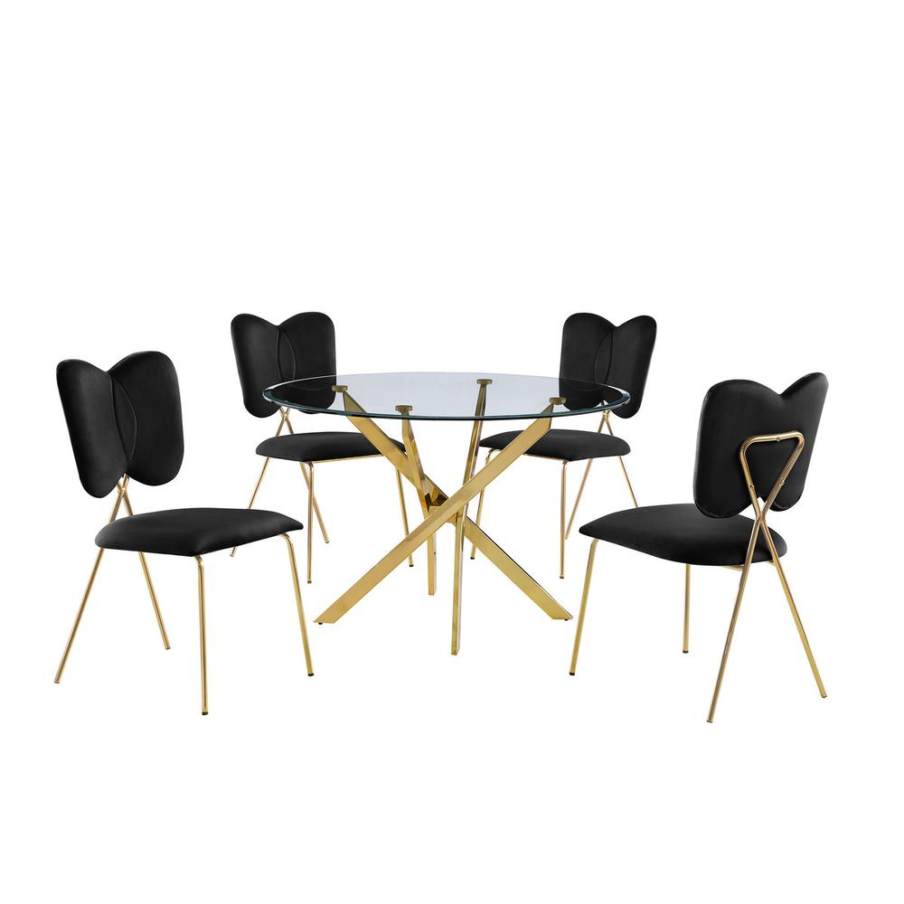 5pc dining Set- Round tempered glass dining table with 4 Black velvet chairs. Picture 1