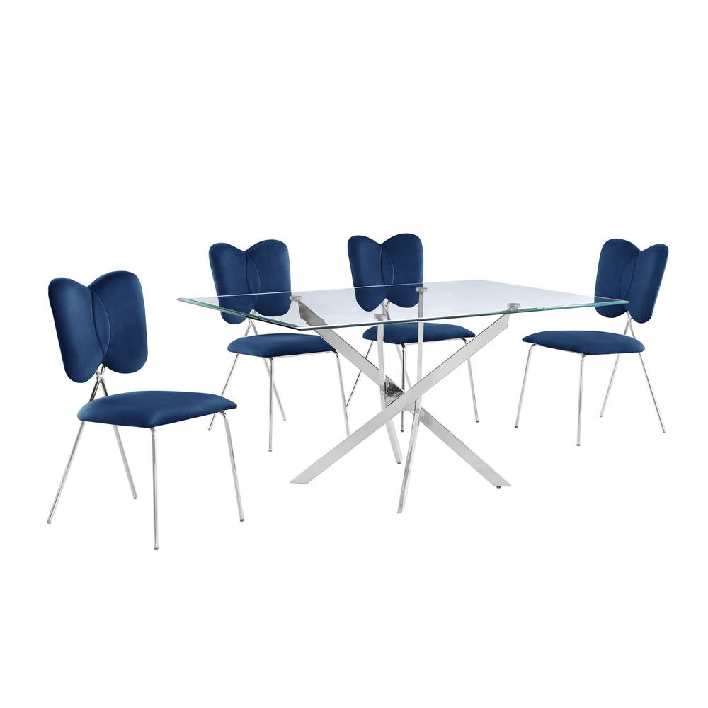 5pc dining Set, Rectangle table with Navy Blue Velvet Chairs. Picture 1