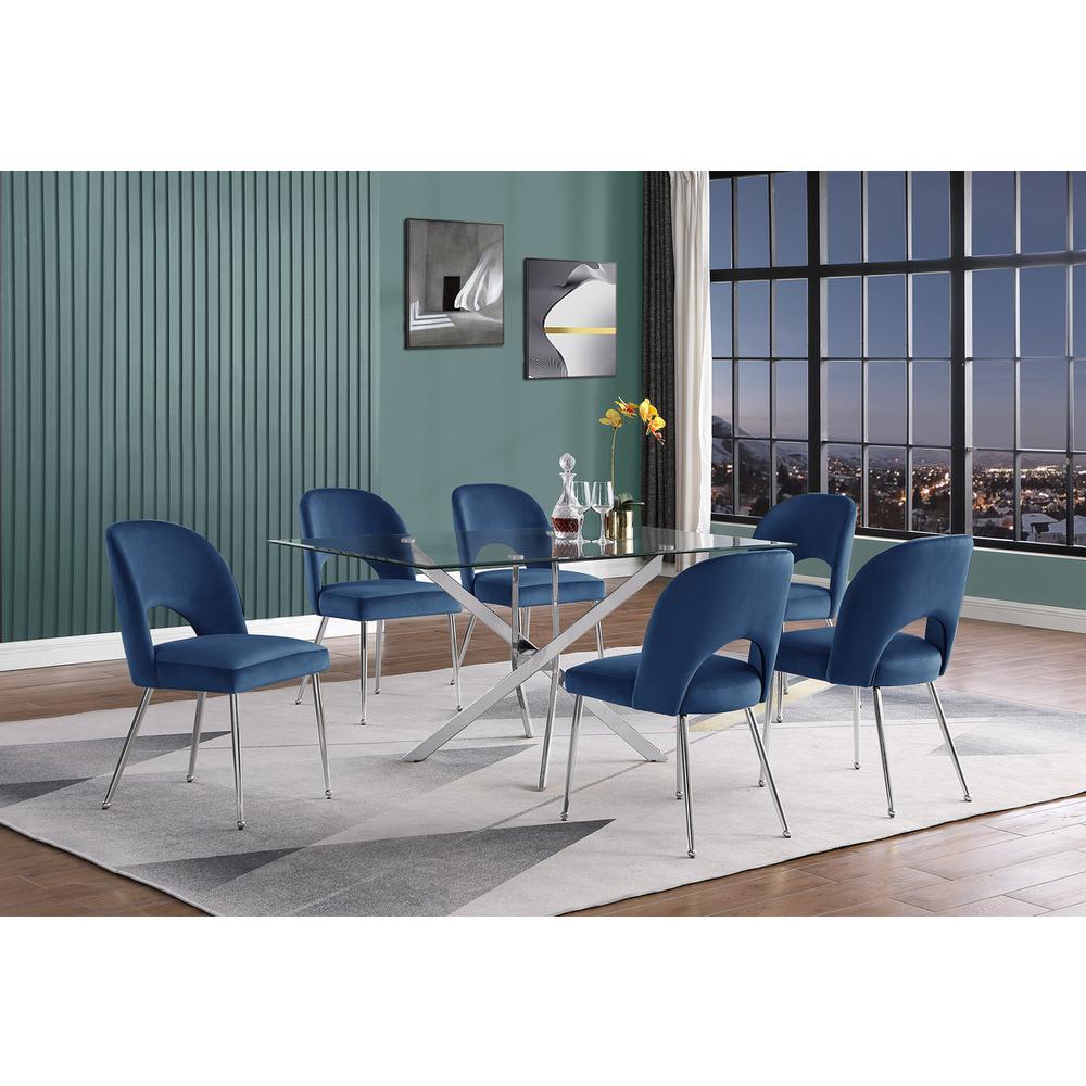 7pc dining Set- Rectangle table with Navy Blue Velvet Chairs. Picture 4