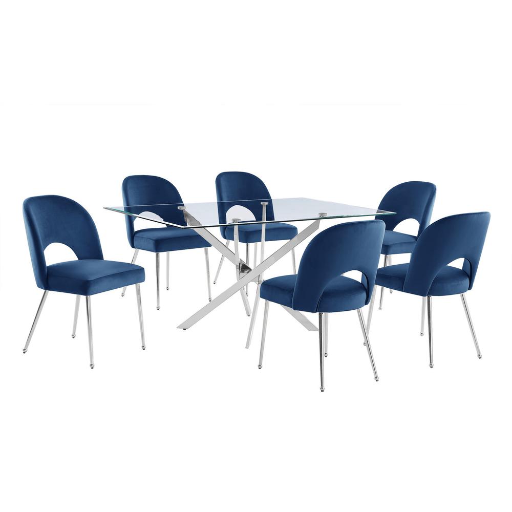 7pc dining Set- Rectangle table with Navy Blue Velvet Chairs. Picture 1
