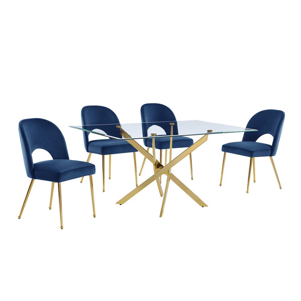 5pc dining Set- Rectangle - table with Navy Blue Velvet Chairs. Picture 1