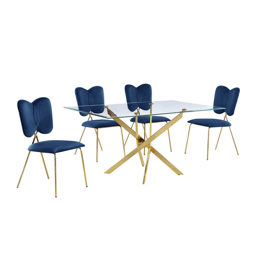 5pc dining Set- Rectangle table with Navy Blue Velvet Chairs. Picture 1
