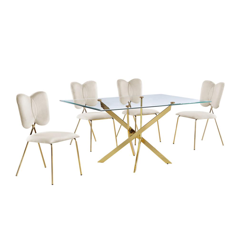 5pc dining Set- Rectangle table with Cream Velvet Chairs. Picture 1