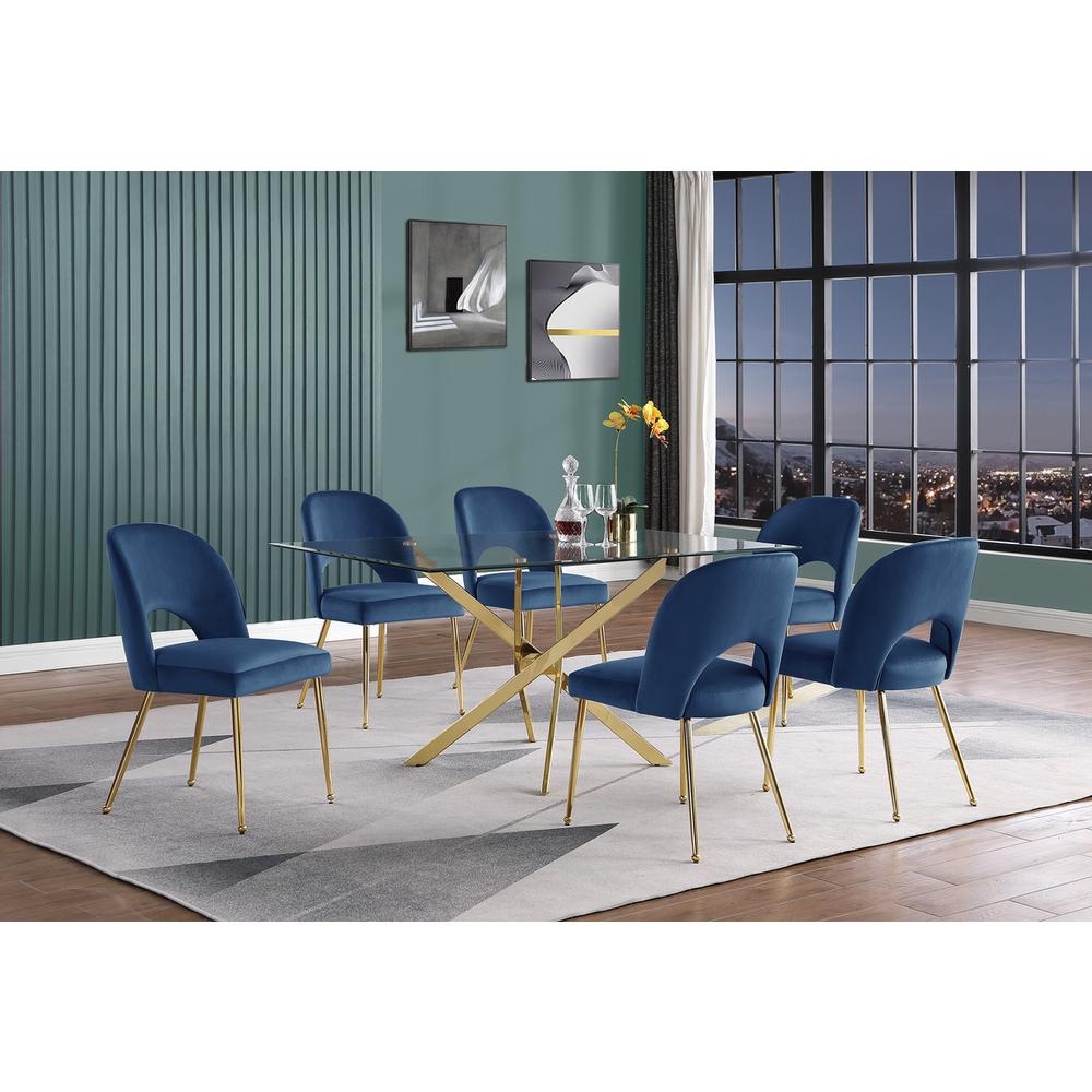 7pc dining Set- Rectangle - table with Navy Blue Velvet Chairs. Picture 4