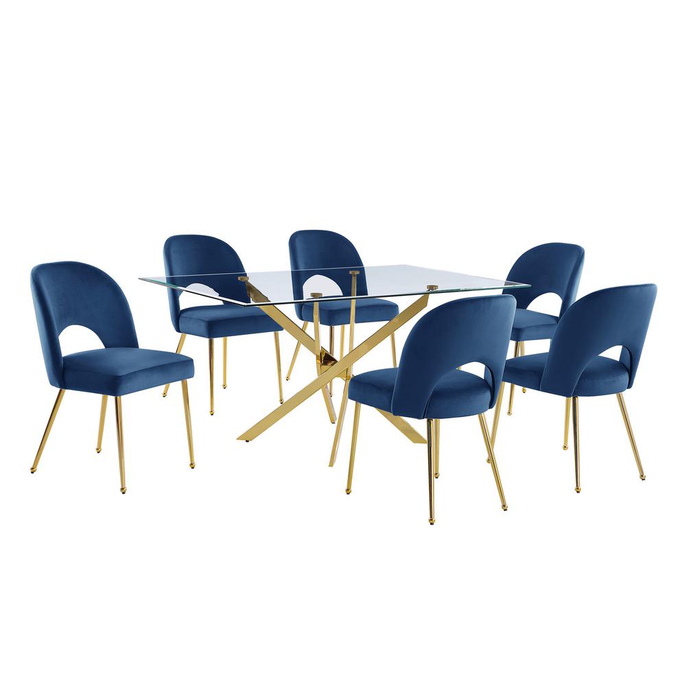7pc dining Set- Rectangle - table with Navy Blue Velvet Chairs. Picture 1