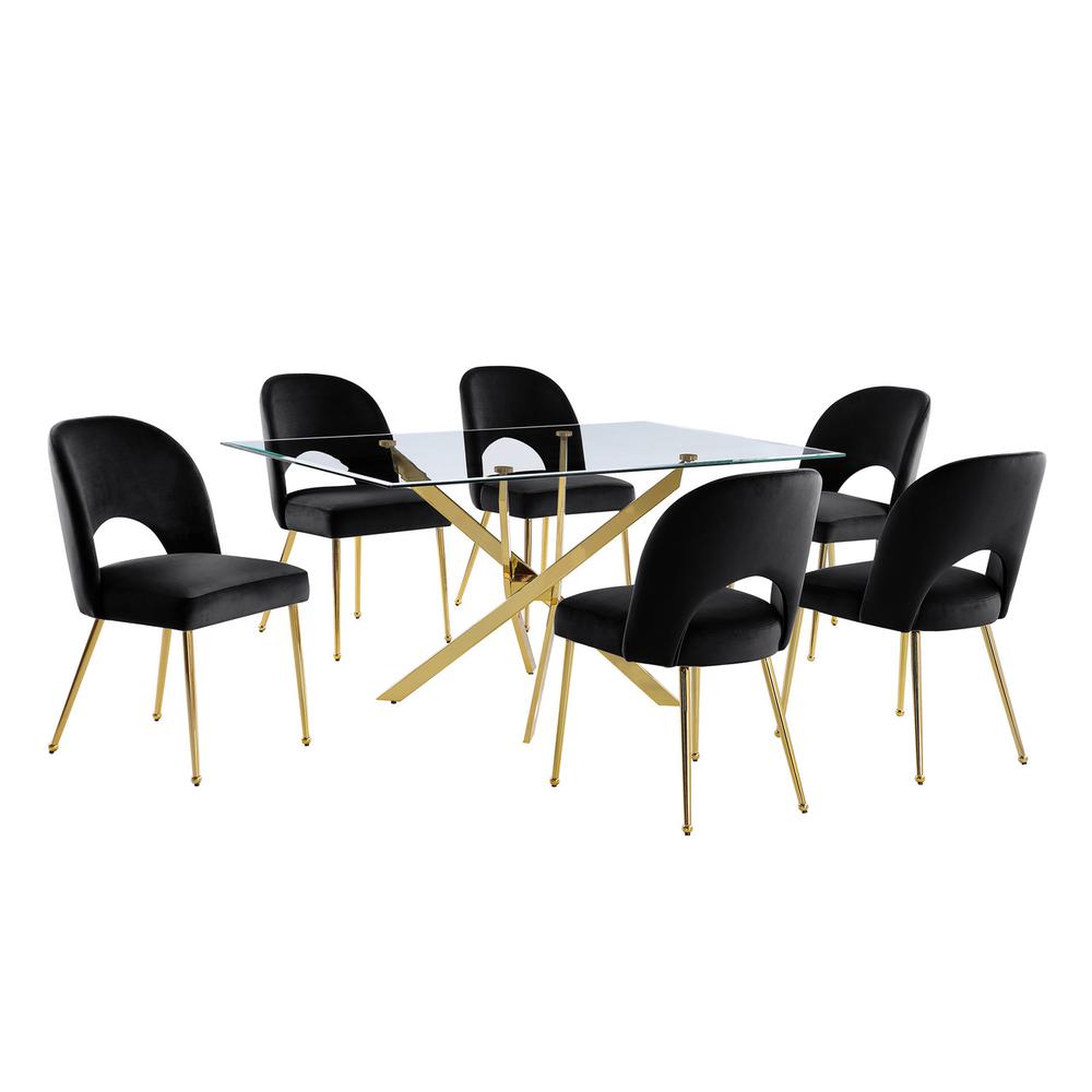 7pc dining Set- Rectangle - table with Black Velvet Chairs. Picture 1
