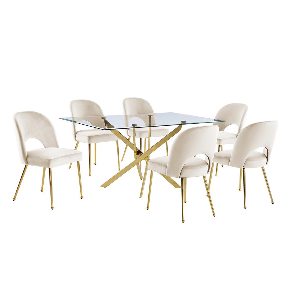 7pc dining Set- Rectangle - table with Cream Velvet Chairs. Picture 1