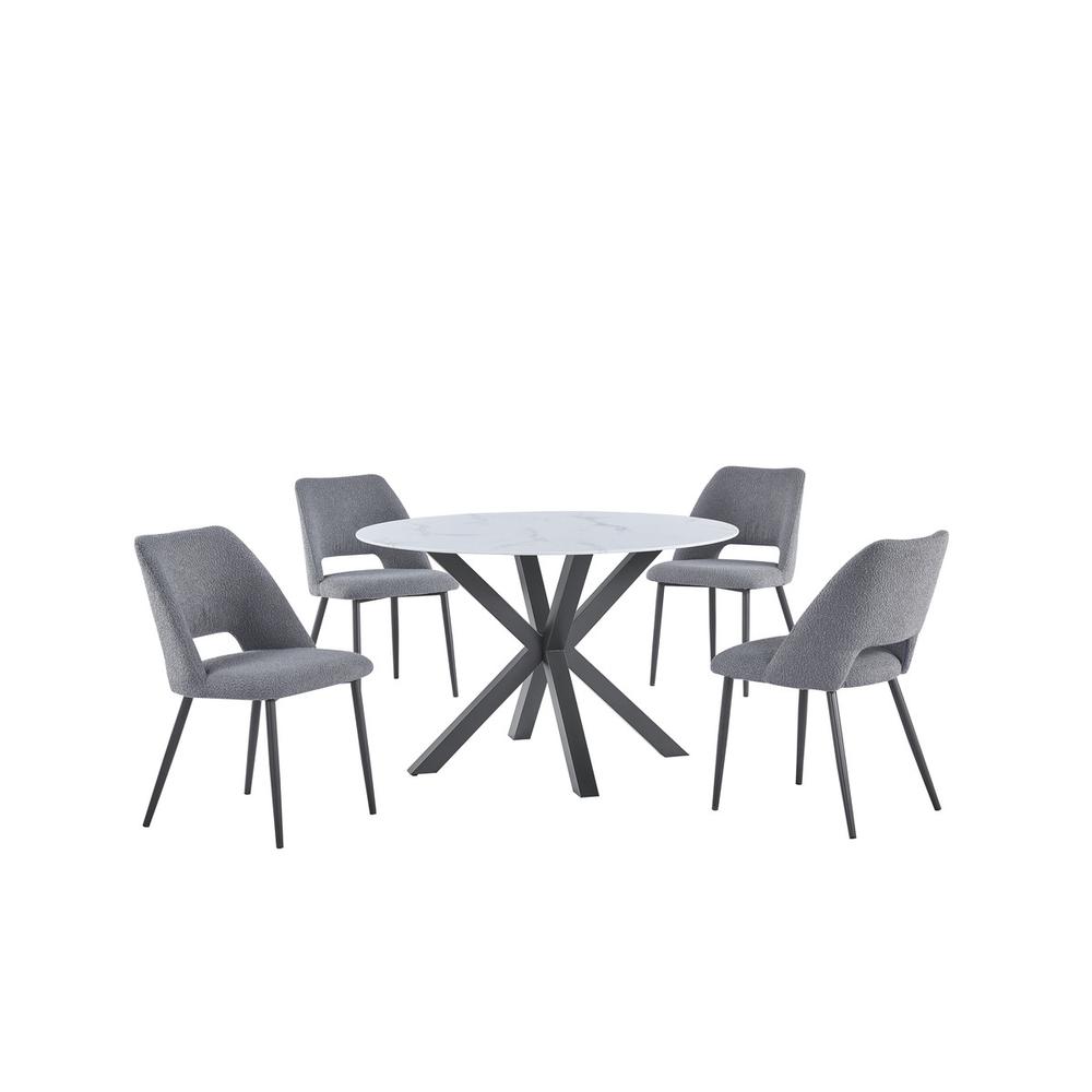 5pc round dining set- marble wrap glass table, 4 dark grey side chairs. Picture 1
