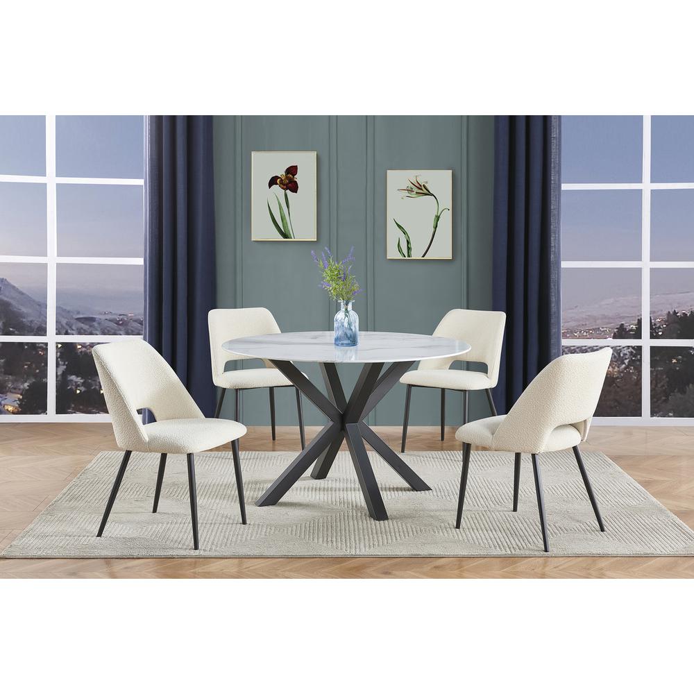 5pc round dining set- marble wrap glass table, 4 beige side chairs. Picture 5