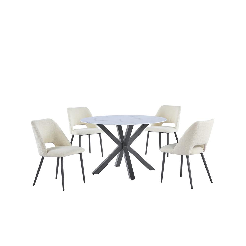 5pc round dining set- marble wrap glass table, 4 beige side chairs. Picture 1