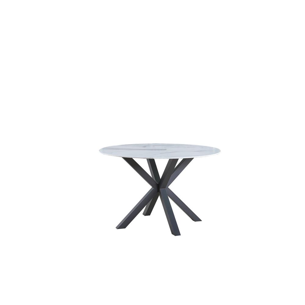 Round marble wrap glass dining table with crossed iron base. Picture 1