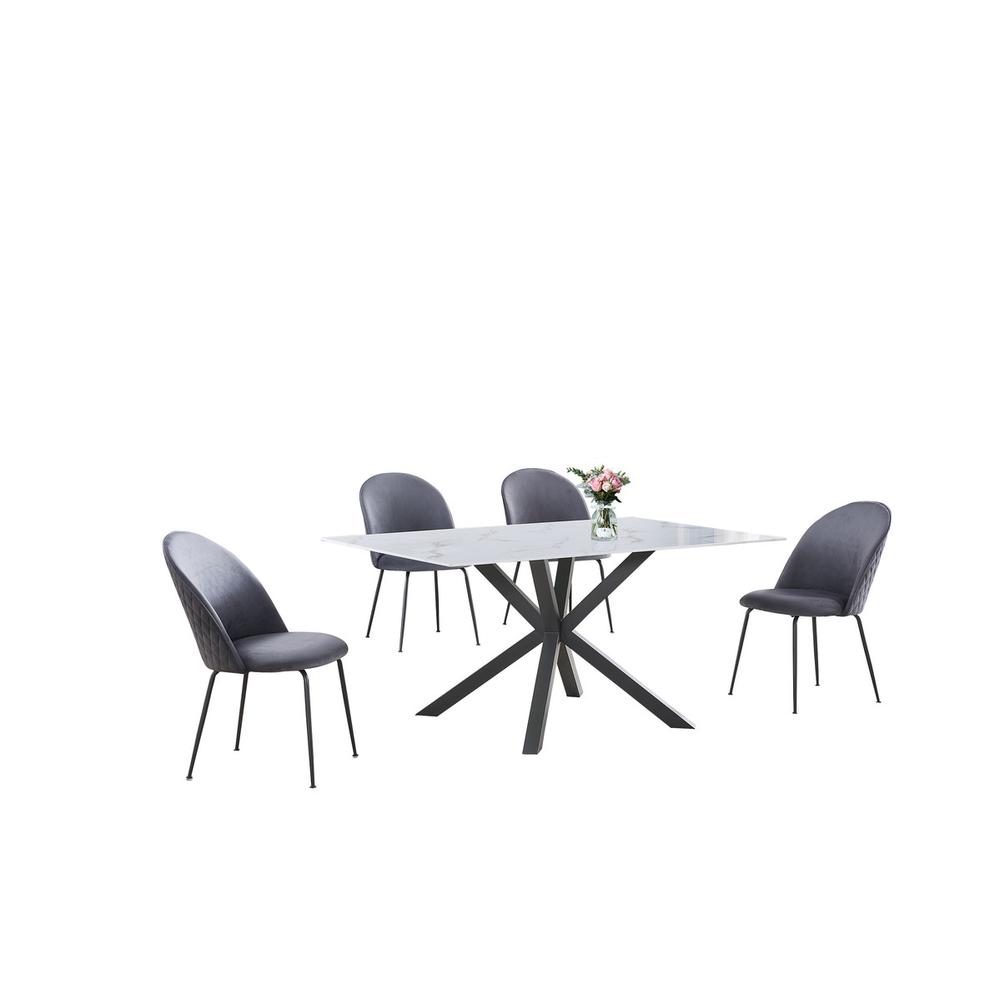 5pc dinging set- white marble wrap glass table w/ 4 dark grey side chairs. Picture 1