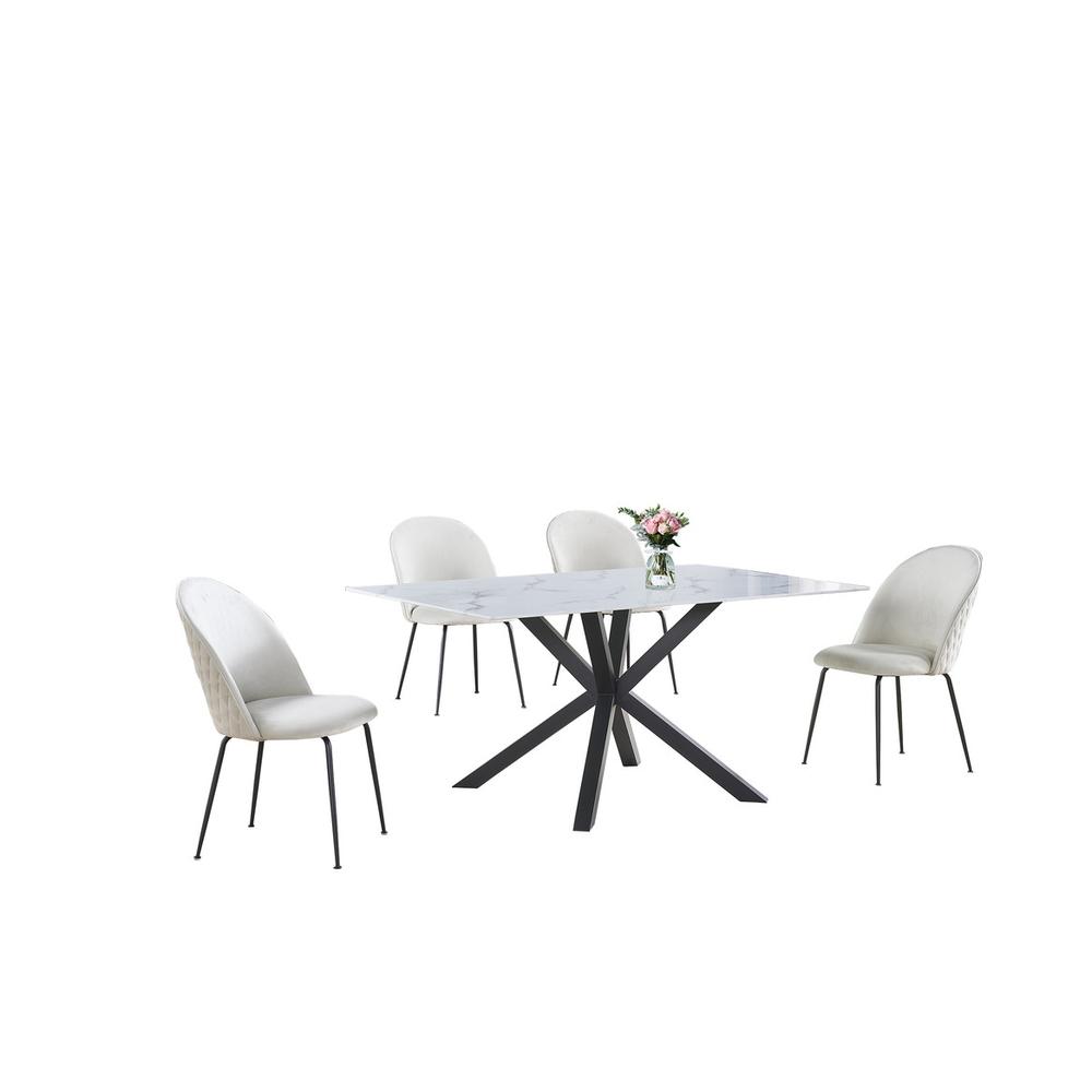 5pc dinging set- white marble wrap glass table w/ 4 beige side chairs. Picture 1