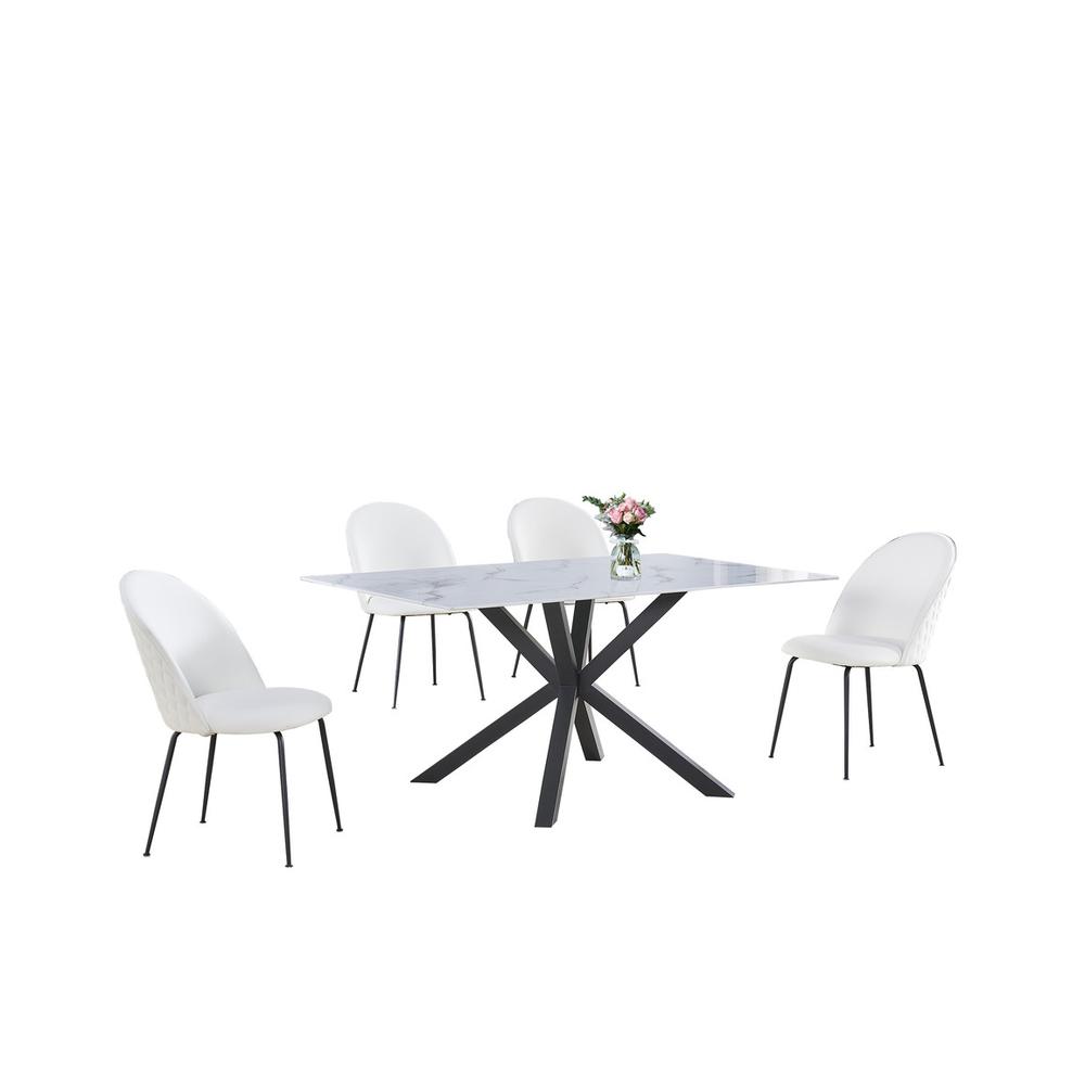 5pc dinging set- white marble wrap glass table w/ 4 white side chairs. Picture 1