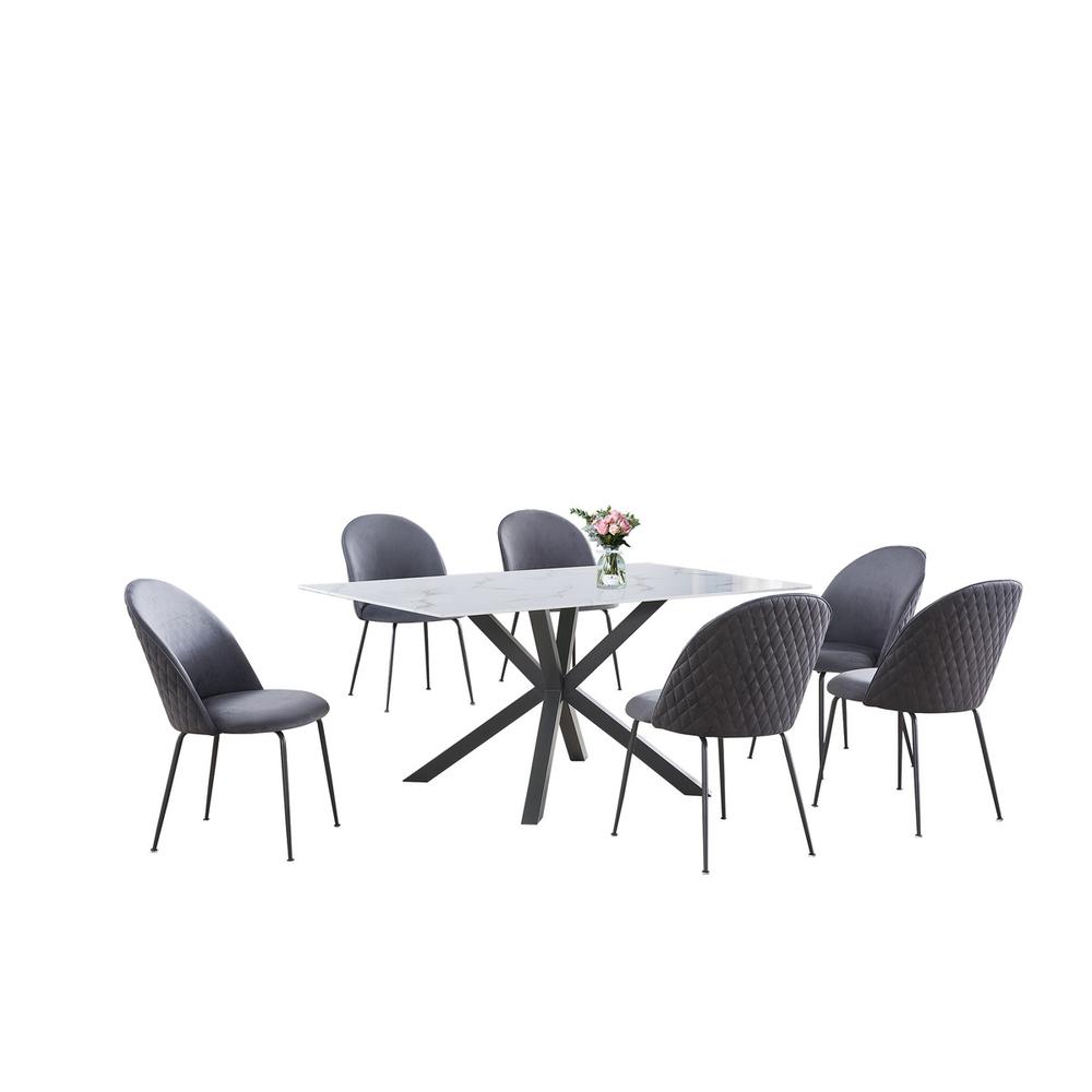 7pc dinging set- white marble wrap glass table w/ 6 dark grey side chairs. Picture 1
