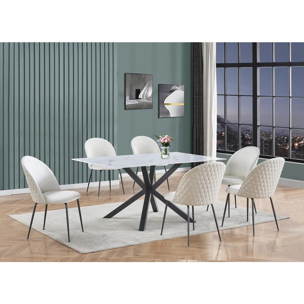 7pc dinging set- white marble wrap glass table w/ 6 beige side chairs. Picture 4