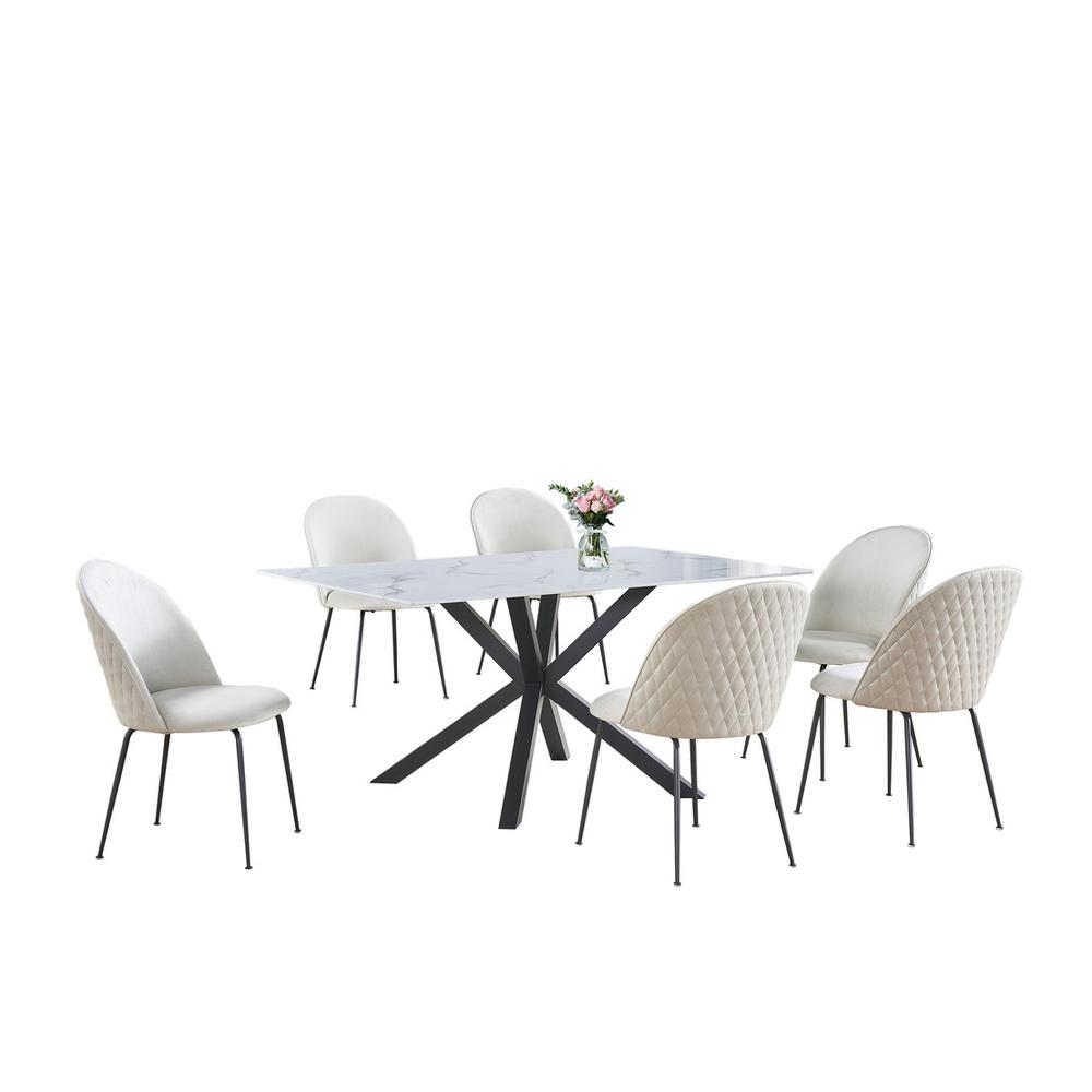 7pc dinging set- white marble wrap glass table w/ 6 beige side chairs. Picture 1