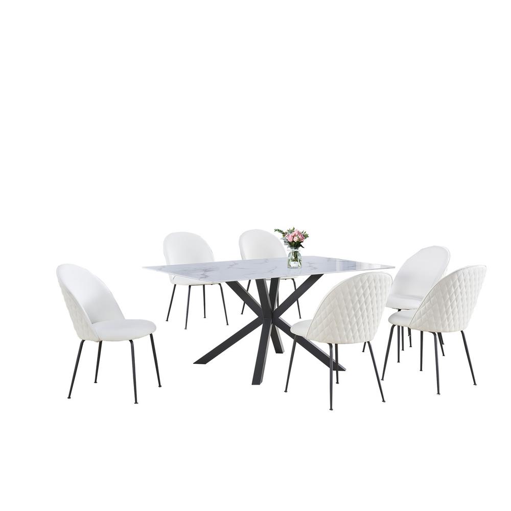 7pc dinging set- white marble wrap glass table w/ 6 white side chairs. Picture 1