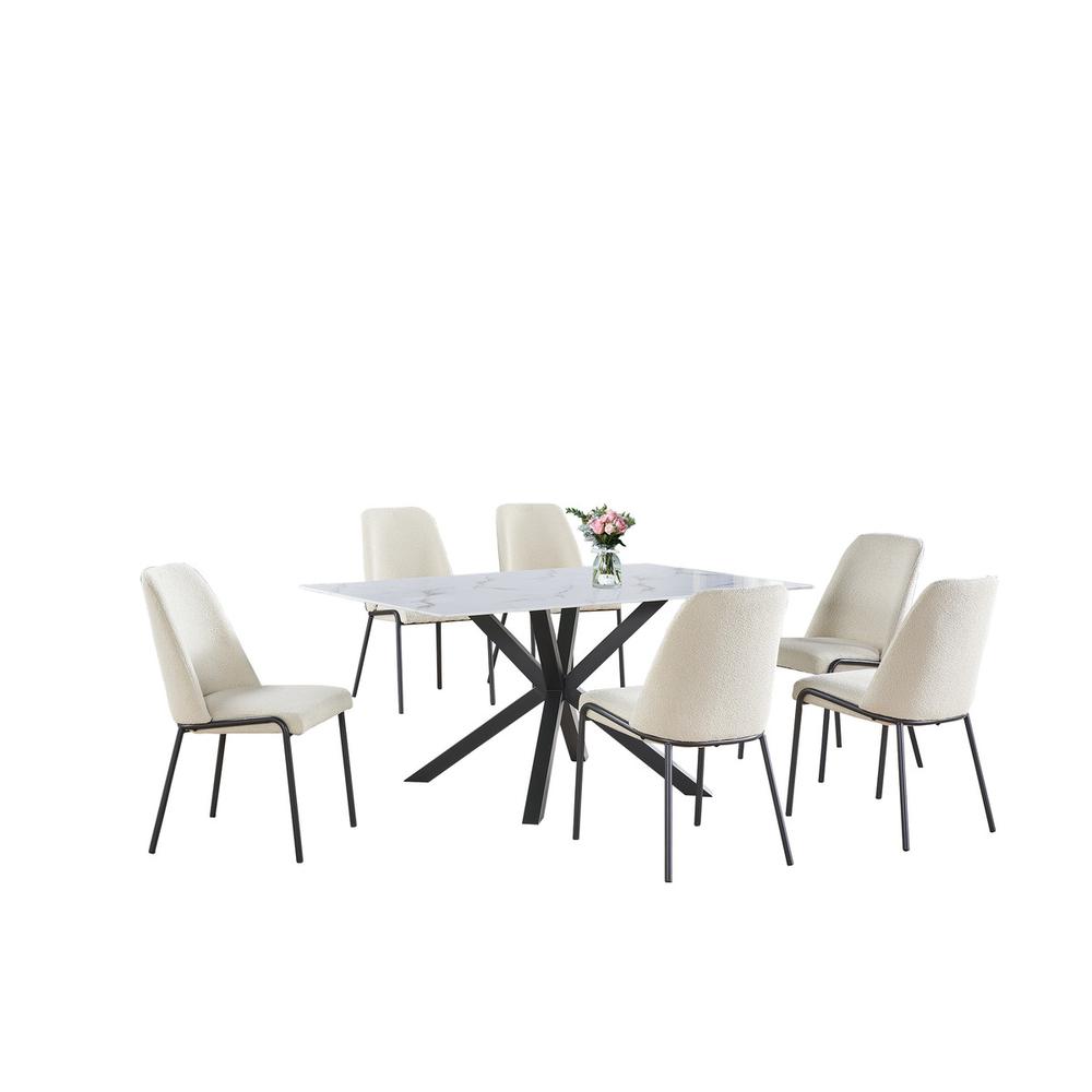 7pc rectangle marble wrap glass top dining set with 6 polar fleece side chairs. Picture 1