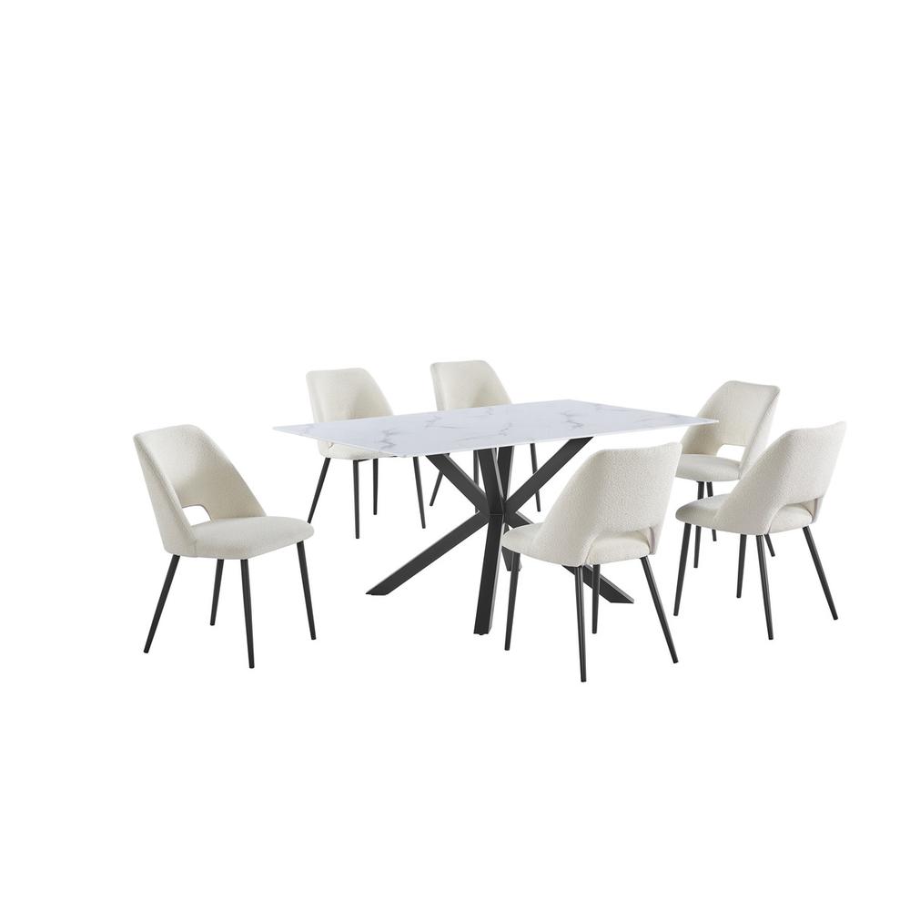 7pc dining set- rectangle marble wrap glass table w/ 6 Beige color side chairs. Picture 1