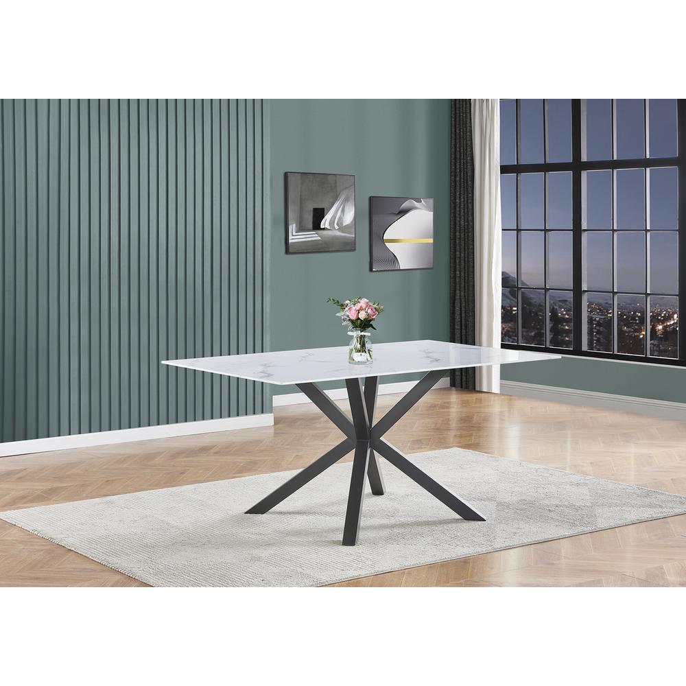 Rectangle marble wrap glass dining table with crossed iron base. Picture 2