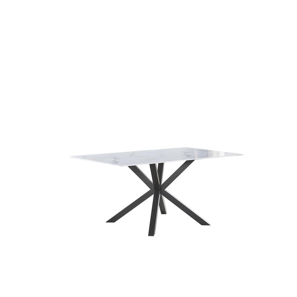 Rectangle marble wrap glass dining table with crossed iron base. Picture 1