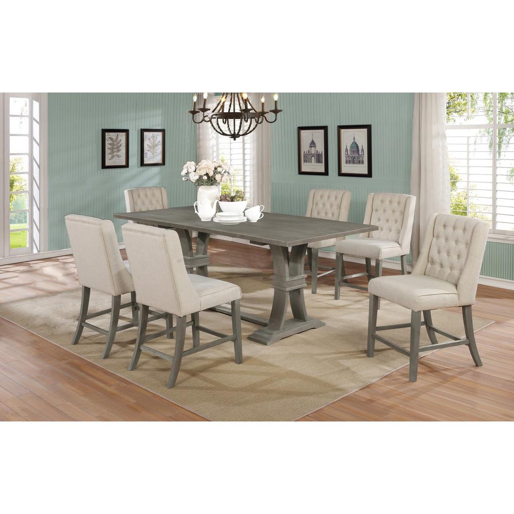 7 piece Counter Height set Rustic Finish with Beige linen fabric chairs. Picture 1