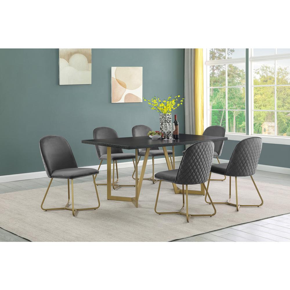 7pc rectangle dining table- Black wood top w/ 6 Dark grey velvet side chairs. Picture 5
