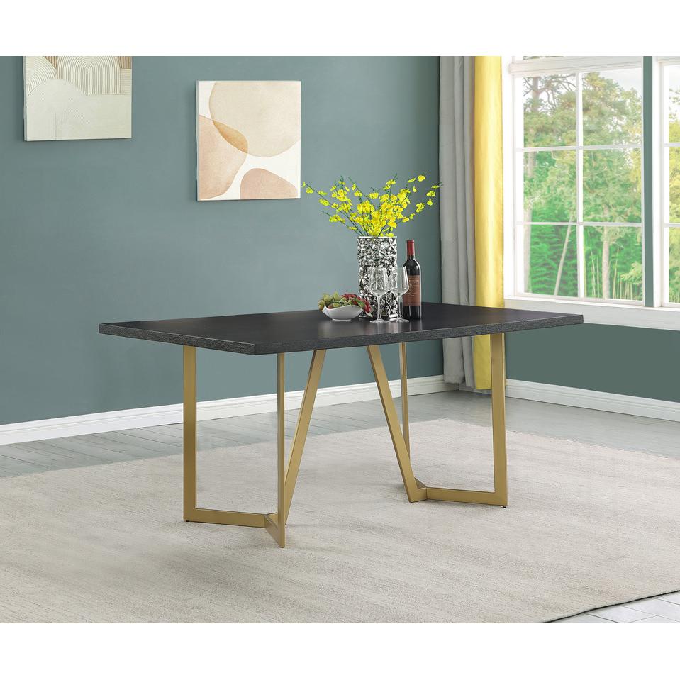 Black wood top rectangle dining table w/ gold color base. Picture 2