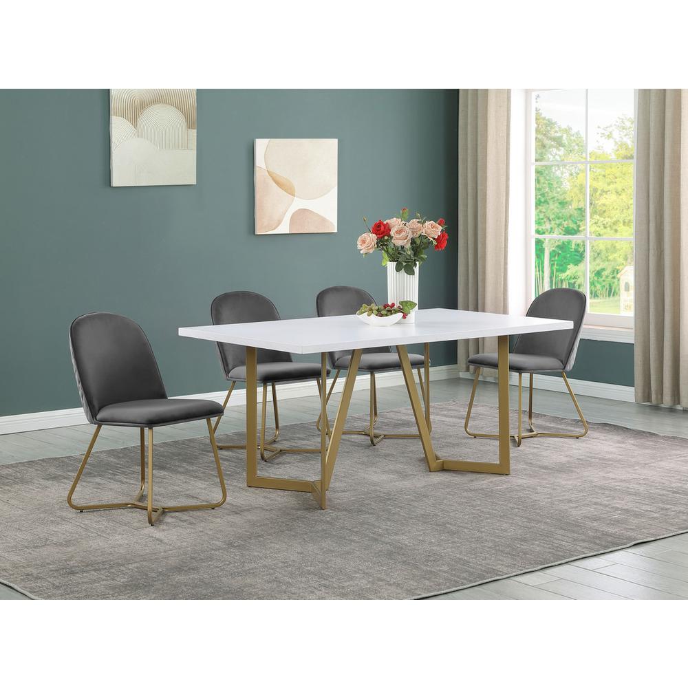 5pc rectangle dining table- White wood top w/ 4 Dark grey velvet side chairs. Picture 5