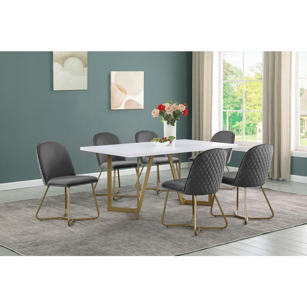 7pc rectangle dining table- White wood top w/ 6 Dark grey velvet side chairs. Picture 5